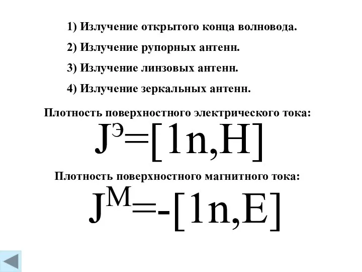 1) Излучение открытого конца волновода. 2) Излучение рупорных антенн. 3) Излучение