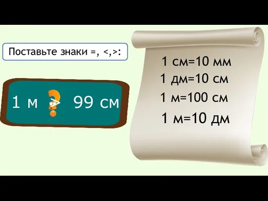 1 см=10 мм 1 дм=10 см 1 м=100 см 1 м=10