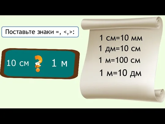 1 м Поставьте знаки =, : 1 см=10 мм 1 дм=10