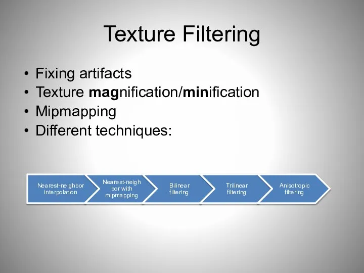 Texture Filtering Fixing artifacts Texture magnification/minification Mipmapping Different techniques: