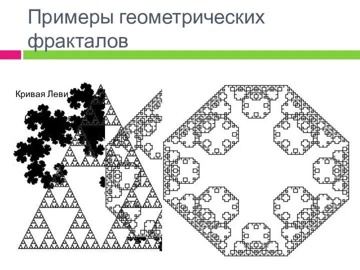 Примеры геометрических фракталов Кривая дракона (фрактал Хартера — Хейтуэя) Кривая Леви Треугольник Серпинского Остров Леви