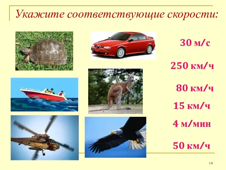 Укажите соответствующие скорости: 30 м/с 250 км/ч 80 км/ч 15 км/ч 4 м/мин 50 км/ч