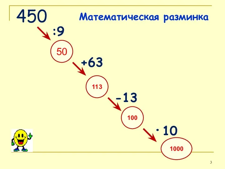 450 50 113 100 -13 +63 :9 1000 ·10 Математическая разминка