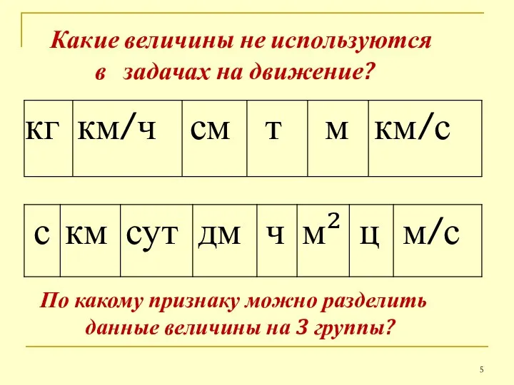 Какие величины не используются в задачах на движение? кг км/ч см