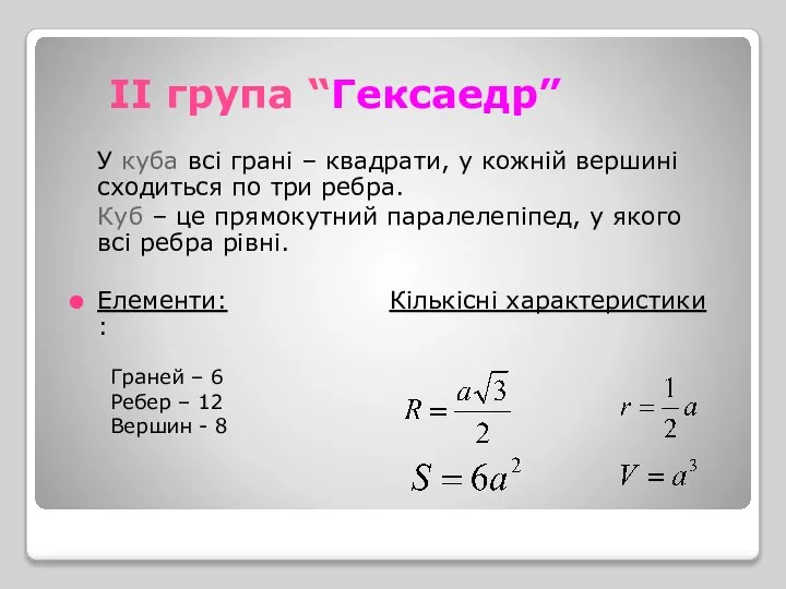 ІІ група “Гексаедр” У куба всі грані – квадрати, у кожній