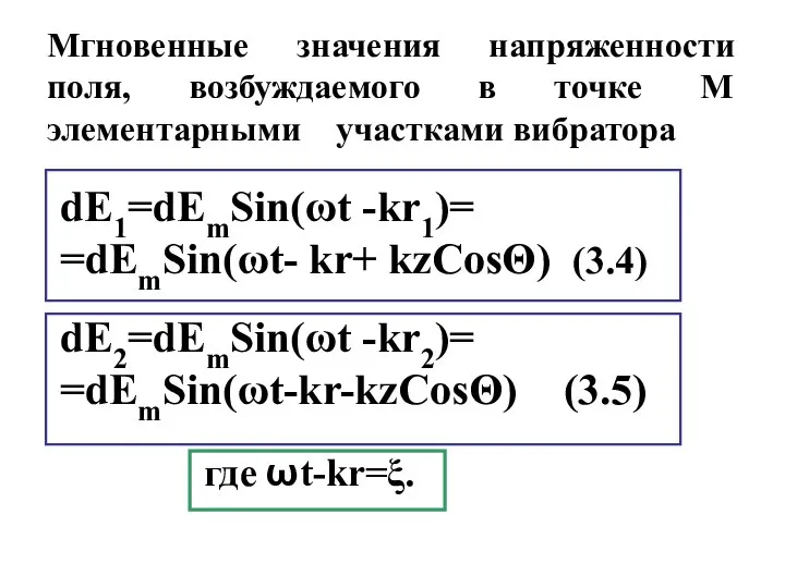 Мгновенные значения напряженности поля, возбуждаемого в точке М элементарными участками вибратора