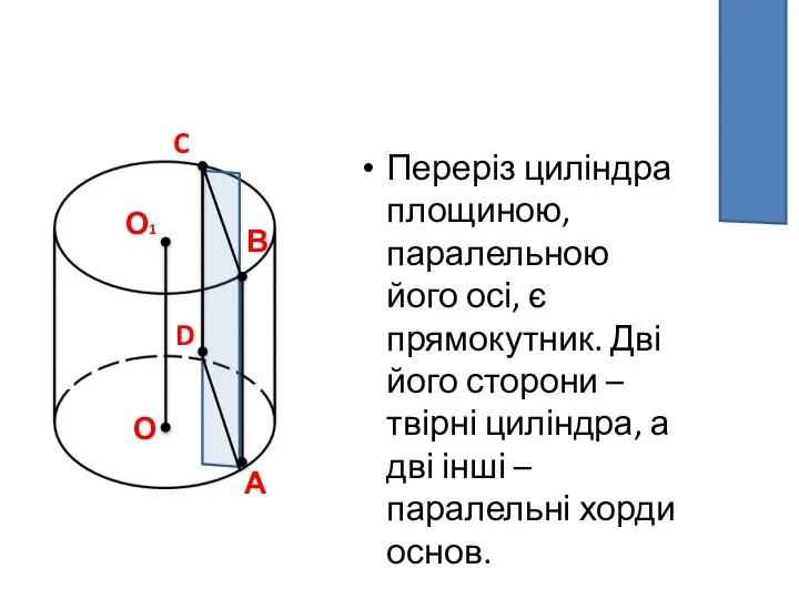 Переріз циліндра площиною, паралельною його осі, є прямокутник. Дві його сторони