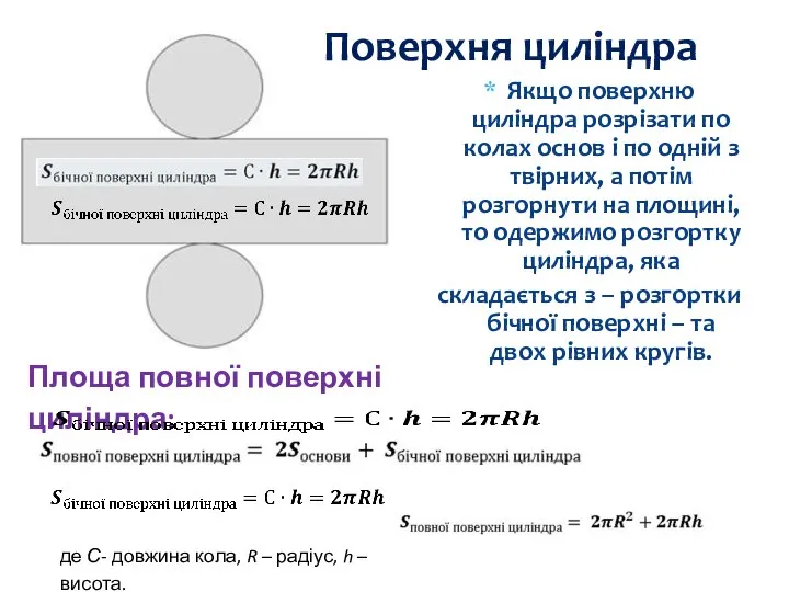 Якщо поверхню циліндра розрізати по колах основ і по одній з