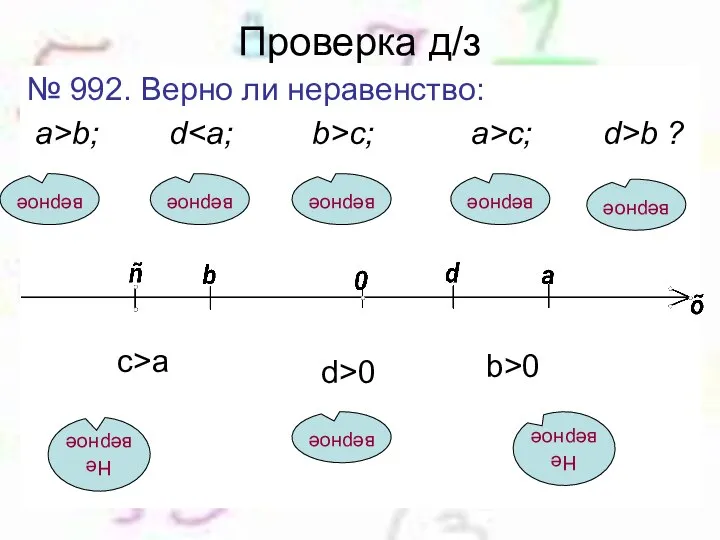 Проверка д/з № 992. Верно ли неравенство: a>b; d c; a>c;