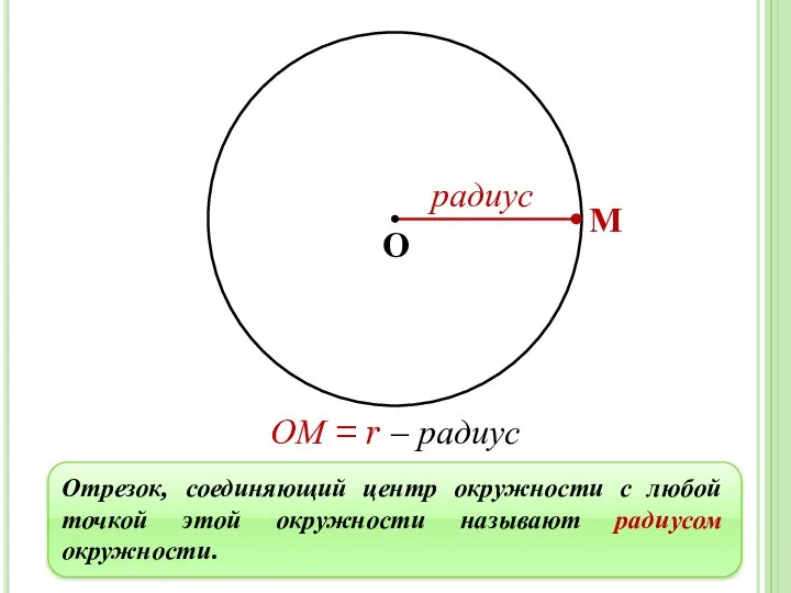 Отрезок, соединяющий центр окружности с любой точкой этой окружности называют радиусом