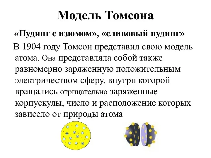 Модель Томсона «Пудинг с изюмом», «сливовый пудинг» В 1904 году Томсон