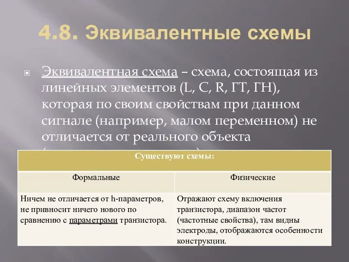 4.8. Эквивалентные схемы Эквивалентная схема – схема, состоящая из линейных элементов