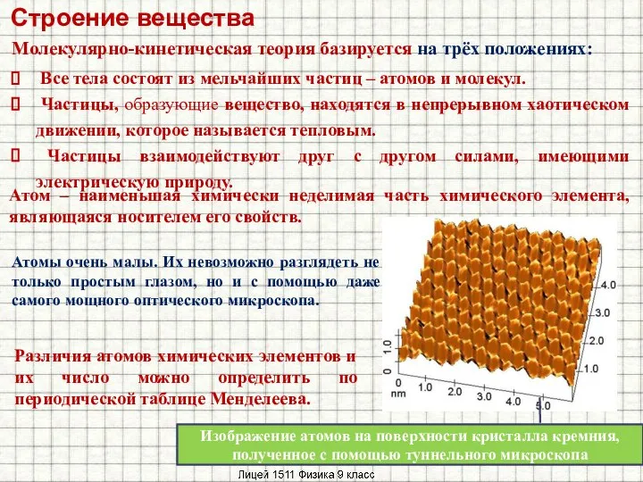 Строение вещества Молекулярно-кинетическая теория базируется на трёх положениях: Атомы очень малы.