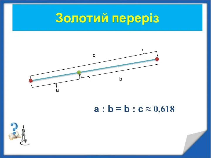 Золотий переріз а b с a : b = b : c ≈ 0,618