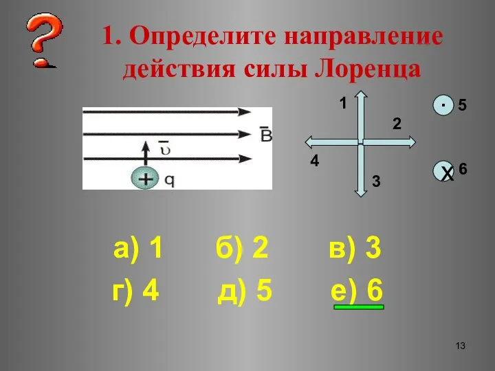 1. Определите направление действия силы Лоренца а) 1 б) 2 в)