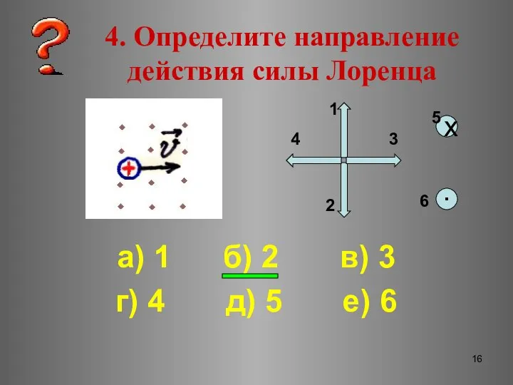 4. Определите направление действия силы Лоренца а) 1 б) 2 в)
