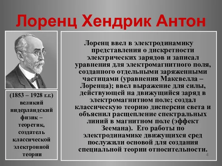 Лоренц Хендрик Антон Лоренц ввел в электродинамику представления о дискретности электрических