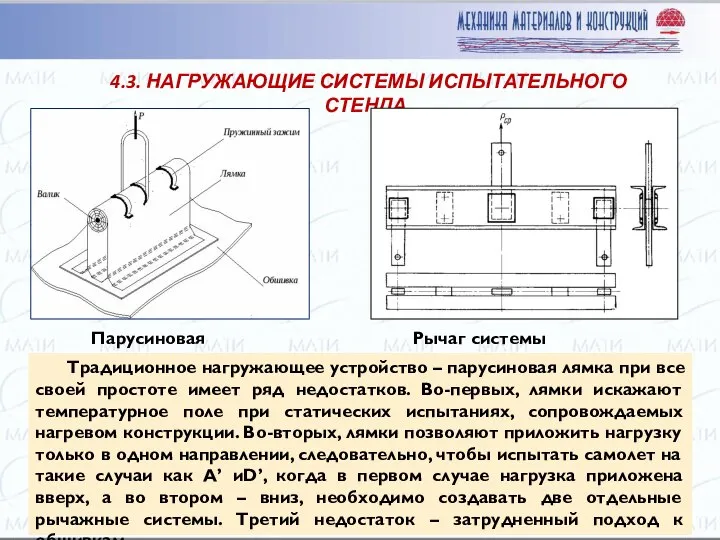 4.3. НАГРУЖАЮЩИЕ СИСТЕМЫ ИСПЫТАТЕЛЬНОГО СТЕНДА Рычаг системы нагружения Парусиновая лямка Традиционное