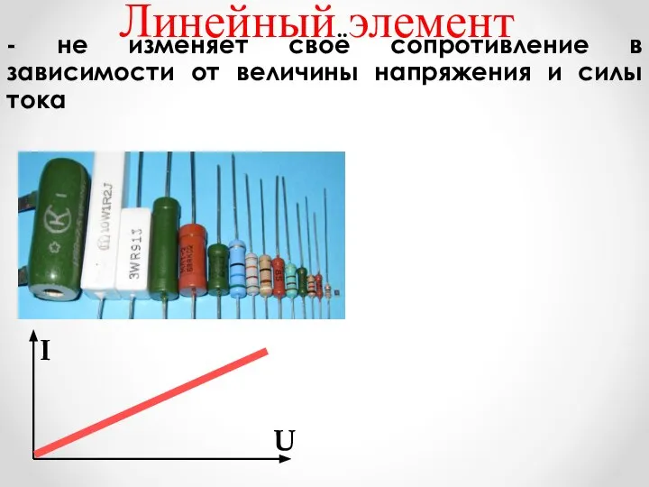 Линейный элемент - не изменяет своё сопротивление в зависимости от величины напряжения и силы тока