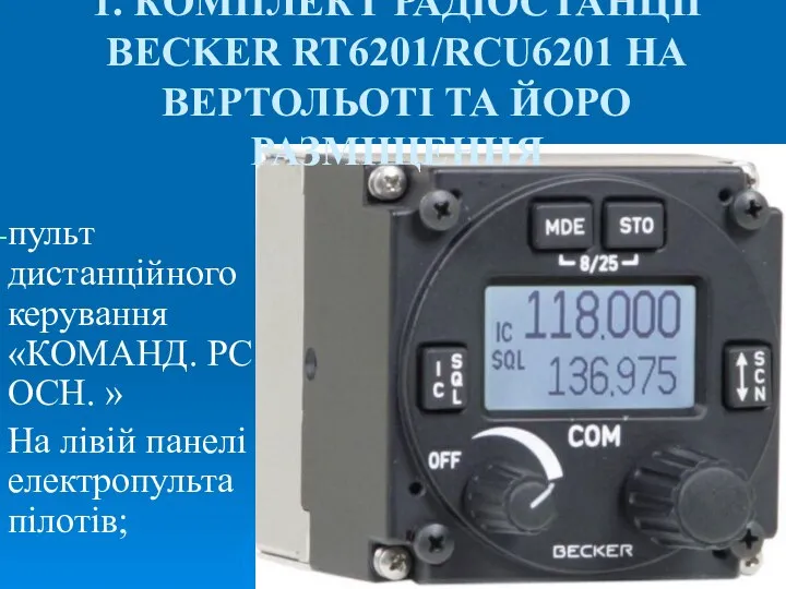 1. КОМПЛЕКТ РАДІОСТАНЦІЇ BECKER RT6201/RCU6201 НА ВЕРТОЛЬОТІ ТА ЙОРО РАЗМІЩЕННЯ пульт