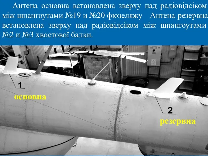 Антена основна встановлена зверху над радіовідсіком між шпангоутами №19 и №20