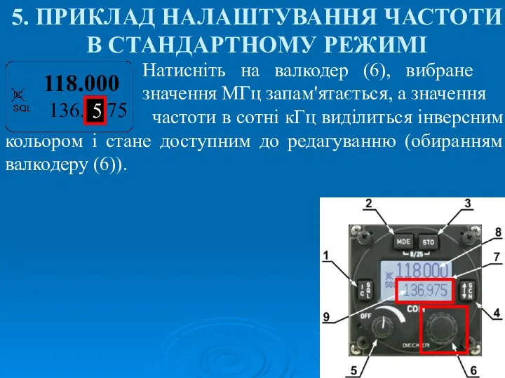 5. ПРИКЛАД НАЛАШТУВАННЯ ЧАСТОТИ В СТАНДАРТНОМУ РЕЖИМІ Натисніть на валкодер (6),