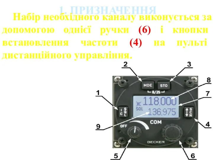 1. ПРИЗНАЧЕННЯ Набір необхідного каналу виконується за допомогою однієї ручки (6)