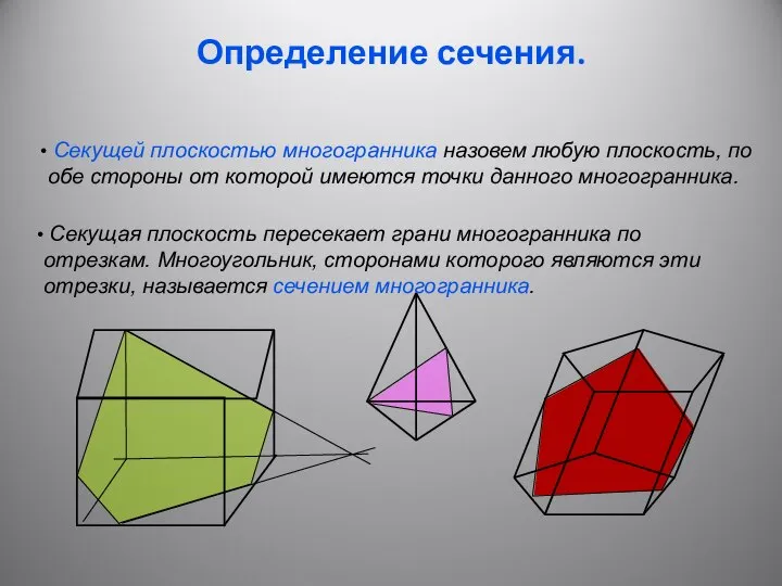 Определение сечения. Секущей плоскостью многогранника назовем любую плоскость, по обе стороны