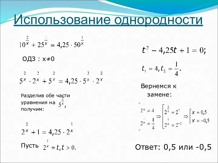 Использование однородности Пусть Вернемся к замене: Ответ: 0,5 или -0,5 ОДЗ