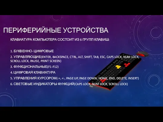 ПЕРИФЕРИЙНЫЕ УСТРОЙСТВА КЛАВИАТУРА КОМПЬЮТЕРА СОСТОИТ ИЗ 6 ГРУПП КЛАВИШ: 1. БУКВЕННО-