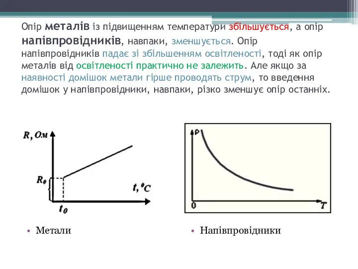 Опір металів із підвищенням температури збільшується, а опір напівпровідників, навпаки, зменшується.