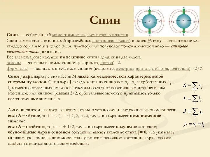 Спин Спин — собственный момент импульса элементарных частиц. Спин измеряется в