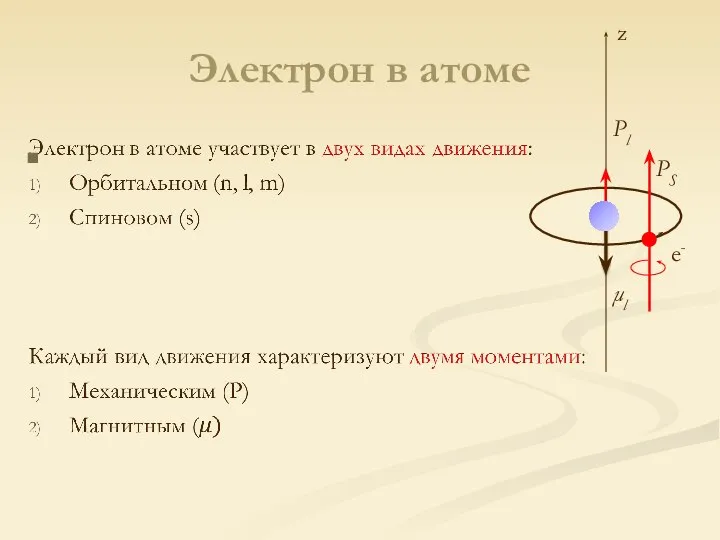 Электрон в атоме e- Pl μl PS z