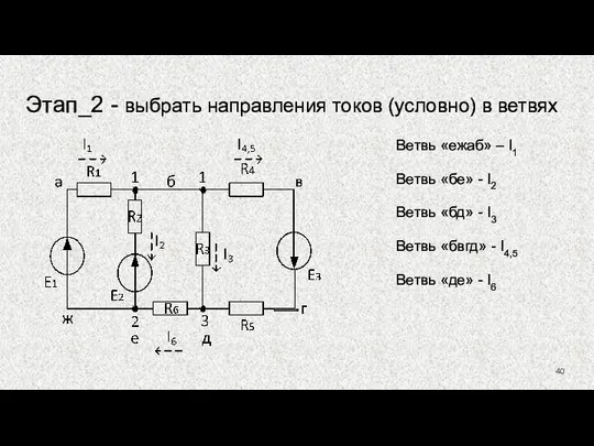 Этап_2 - выбрать направления токов (условно) в ветвях Ветвь «ежаб» –