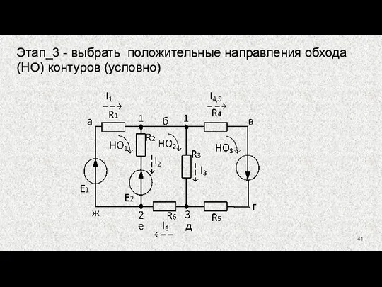 Этап_3 - выбрать положительные направления обхода (НО) контуров (условно)