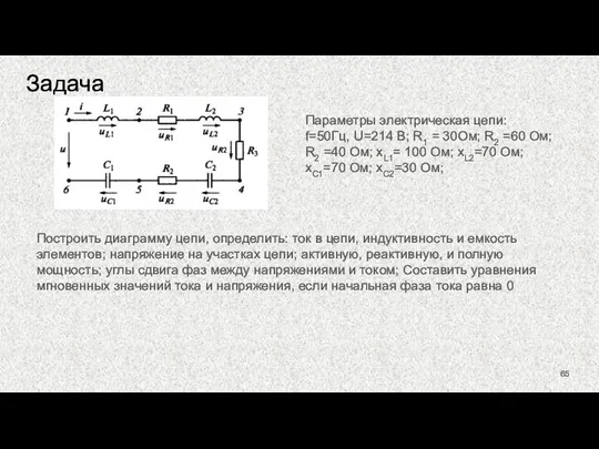 Задача Параметры электрическая цепи: f=50Гц, U=214 В; R1 = 30Ом; R2