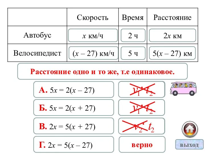 Расстояние одно и то же, т.е одинаковое. А. 5х = 2(х