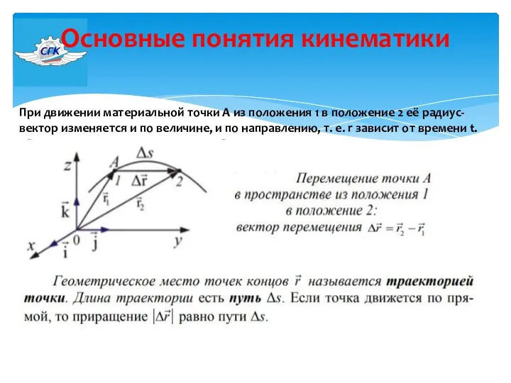 Основные понятия кинематики При движении материальной точки А из положения 1