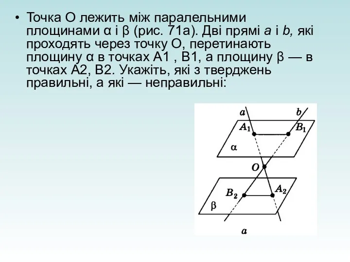 Точка О лежить між паралельни­ми площинами α і β (рис. 71а).