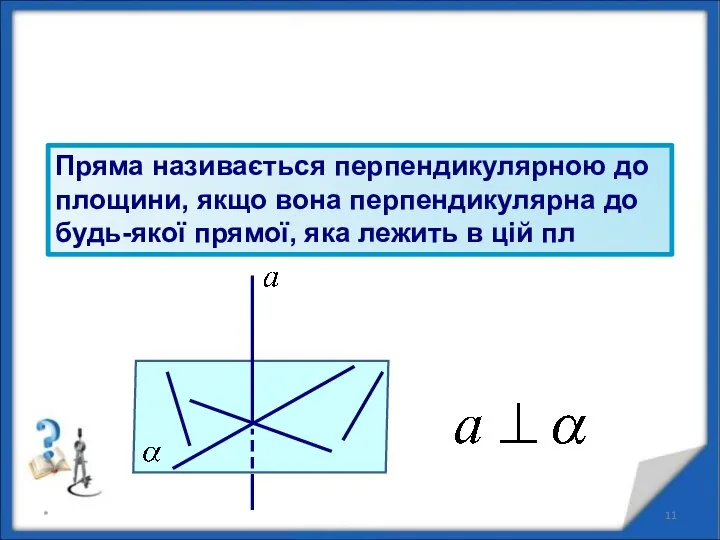 Пряма називається перпендикулярною до площини, якщо вона перпендикулярна до будь-якої прямої,