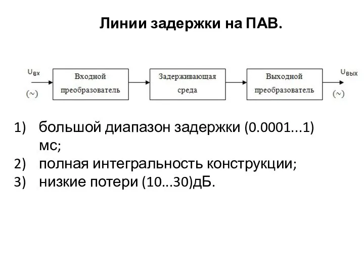 Линии задержки на ПАВ. большой диапазон задержки (0.0001...1)мс; полная интегральность конструкции; низкие потери (10...30)дБ.