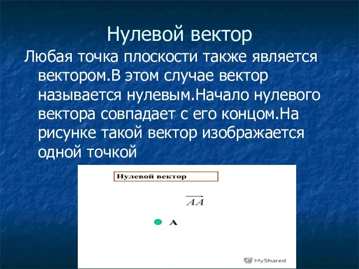 Любая точка плоскости также является вектором.В этом случае вектор называется нулевым.Начало