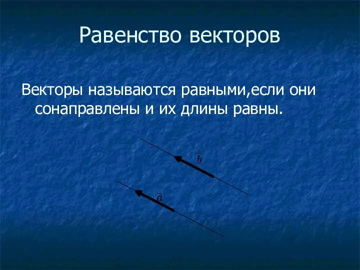 Равенство векторов Векторы называются равными,если они сонаправлены и их длины равны.