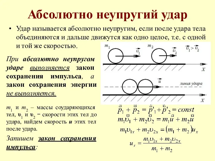 Абсолютно неупругий удар Удар называется абсолютно неупругим, если после удара тела