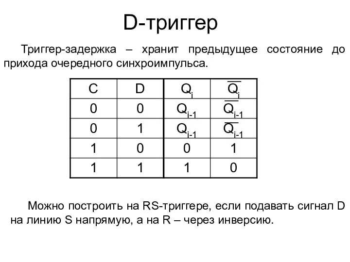 D-триггер Триггер-задержка – хранит предыдущее состояние до прихода очередного синхроимпульса. Можно