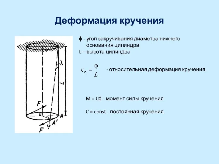 Деформация кручения ϕ - угол закручивания диаметра нижнего основания цилиндра L