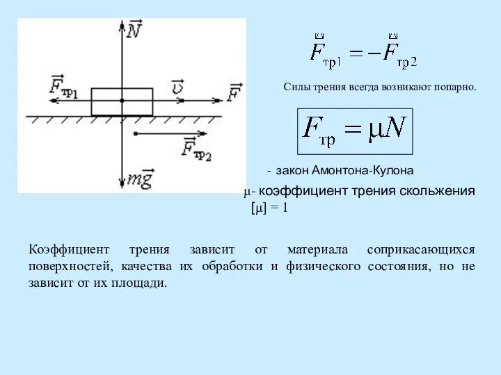 Силы трения всегда возникают попарно. - закон Амонтона-Кулона - коэффициент трения