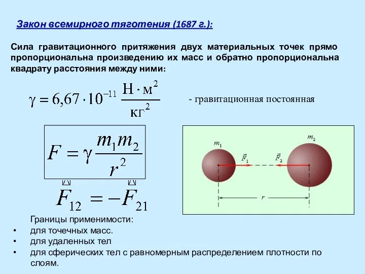 Закон всемирного тяготения (1687 г.): Сила гравитационного притяжения двух материальных точек