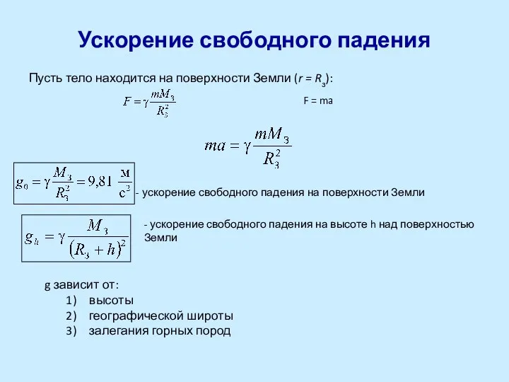 Ускорение свободного падения Пусть тело находится на поверхности Земли (r =