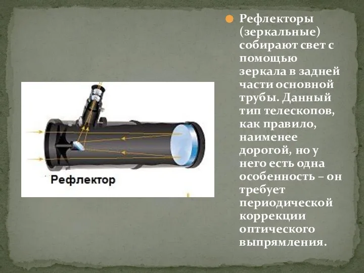 Рефлекторы (зеркальные) собирают свет с помощью зеркала в задней части основной